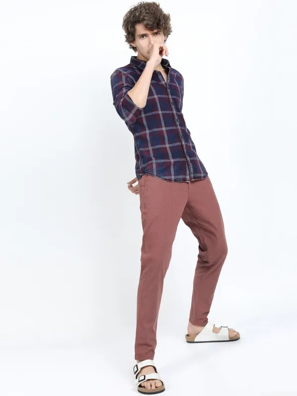  Highlander Men Terracotta Slim Fit Solid Casual Trousers