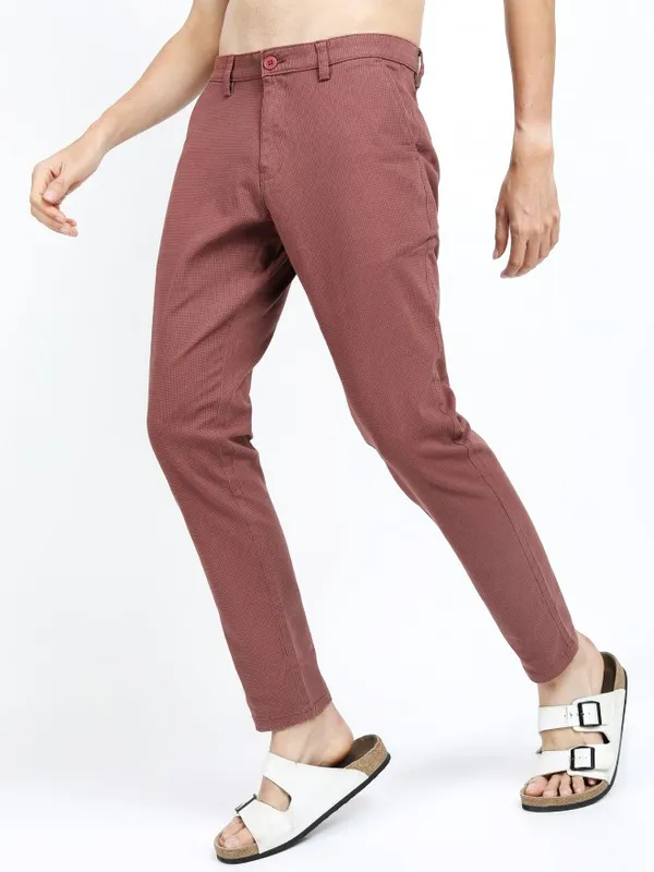  Highlander Men Terracotta Slim Fit Solid Casual Trousers