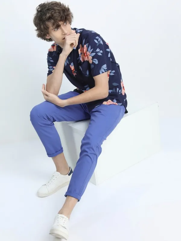  Highlander Men Blue Slim Fit Solid Casual Trousers