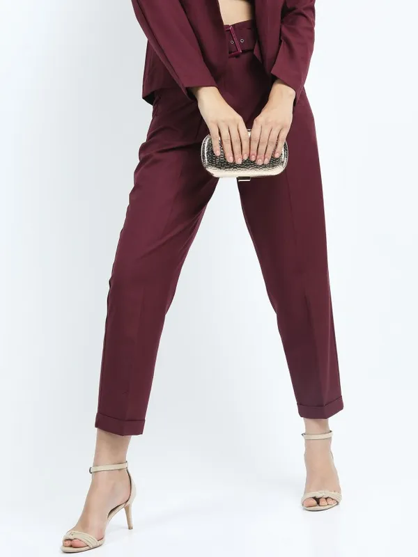  Tokyo Talkies Women Burgundy Solid Tapered Fit Casual Trousers