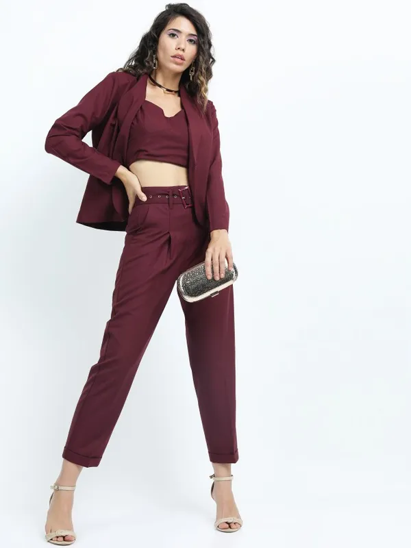  Tokyo Talkies Women Burgundy Solid Tapered Fit Casual Trousers