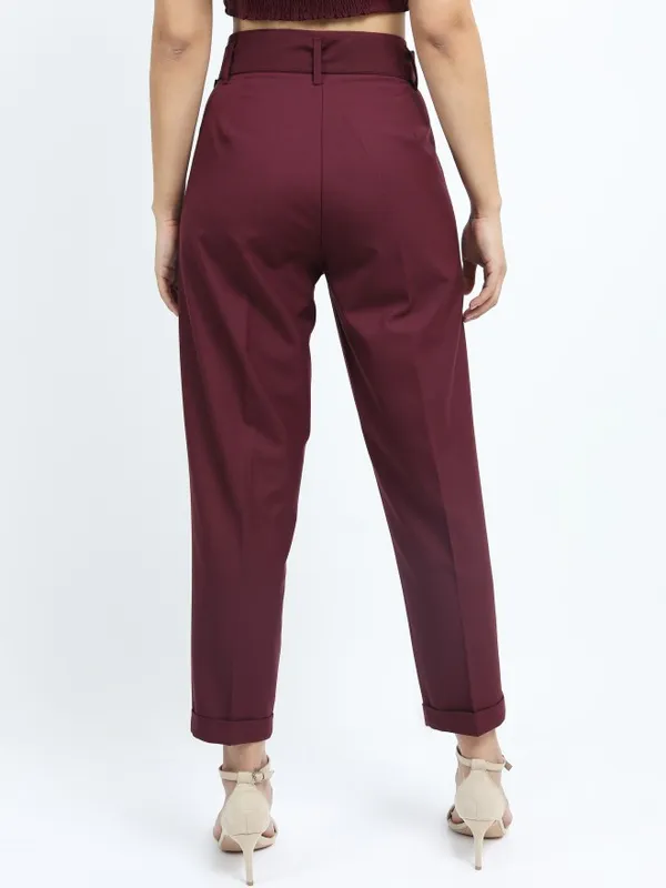  Tokyo Talkies Women Burgundy Solid Tapered Fit Casual Trousers
