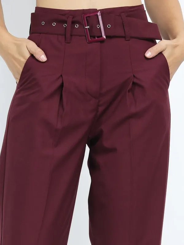  Tokyo Talkies Women Burgundy Solid Tapered Fit Casual Trousers