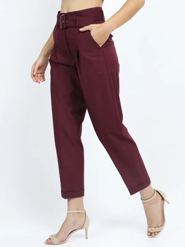  Tokyo Talkies Women Burgundy Solid Tapered Fit Casual Trousers