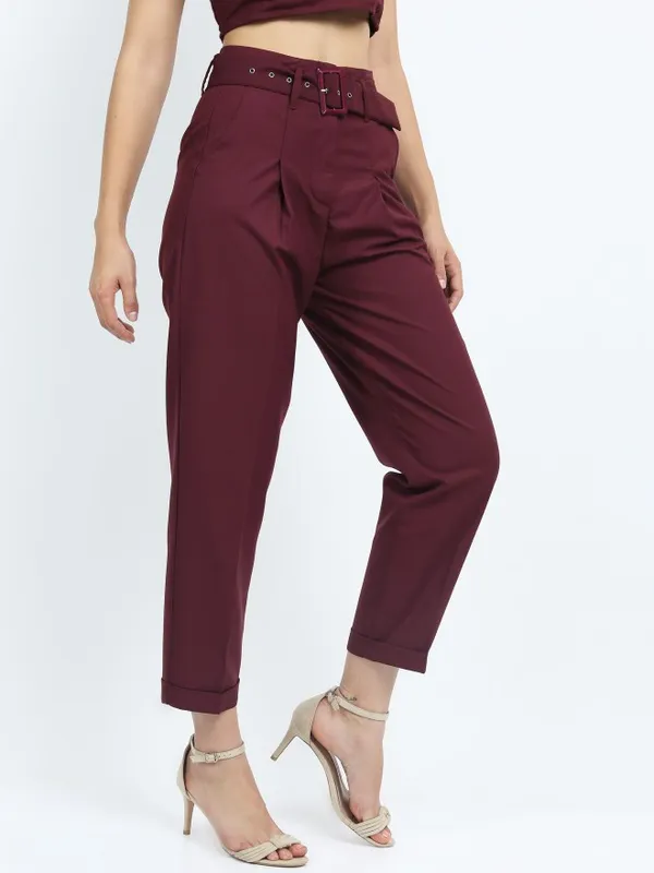  Tokyo Talkies Women Burgundy Solid Tapered Fit Casual Trousers