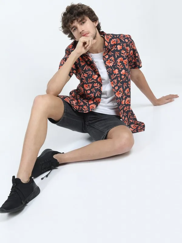 Highlander Mens Grey Slim Fit Printed Casual Shirt