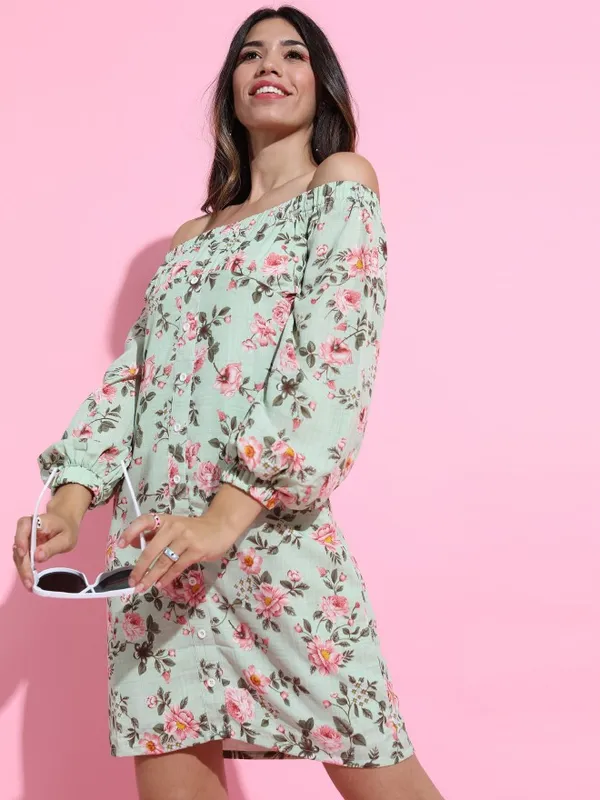  Tokyo Talkies Women Green Printed Fit And Flare Dresses
