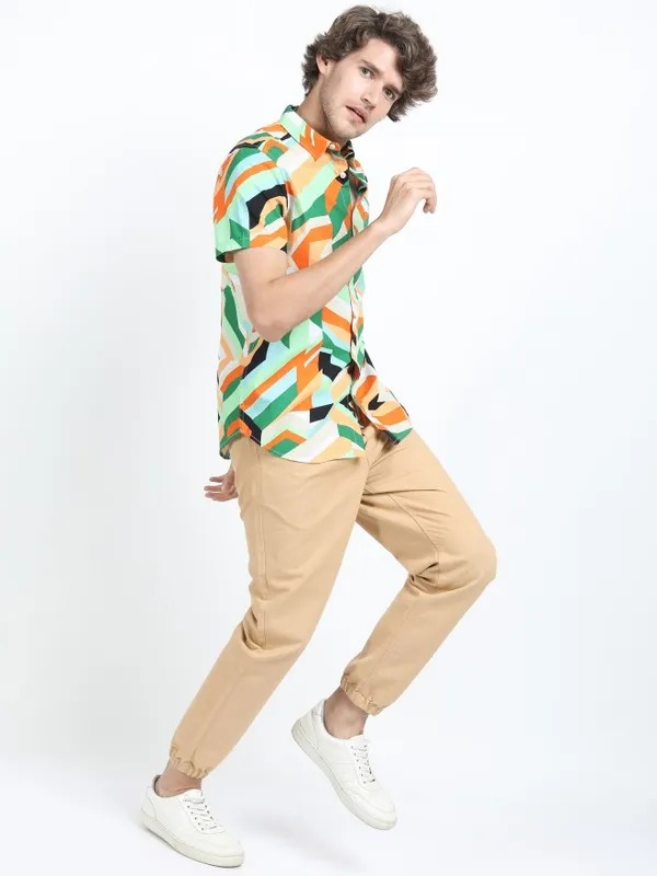  Ketch Men Green Printed Slim Fit Casual Shirts