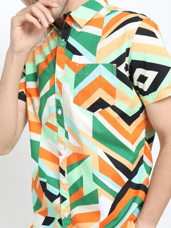 Ketch Men Green Printed Slim Fit Casual Shirts