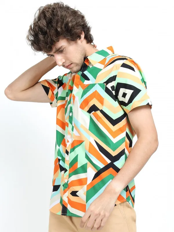 Ketch Men Green Printed Slim Fit Casual Shirts