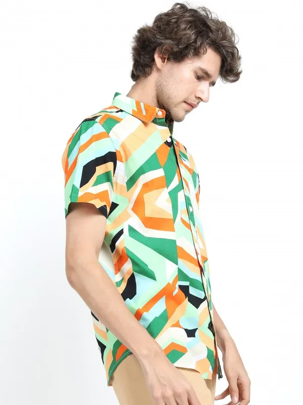  Ketch Men Green Printed Slim Fit Casual Shirts