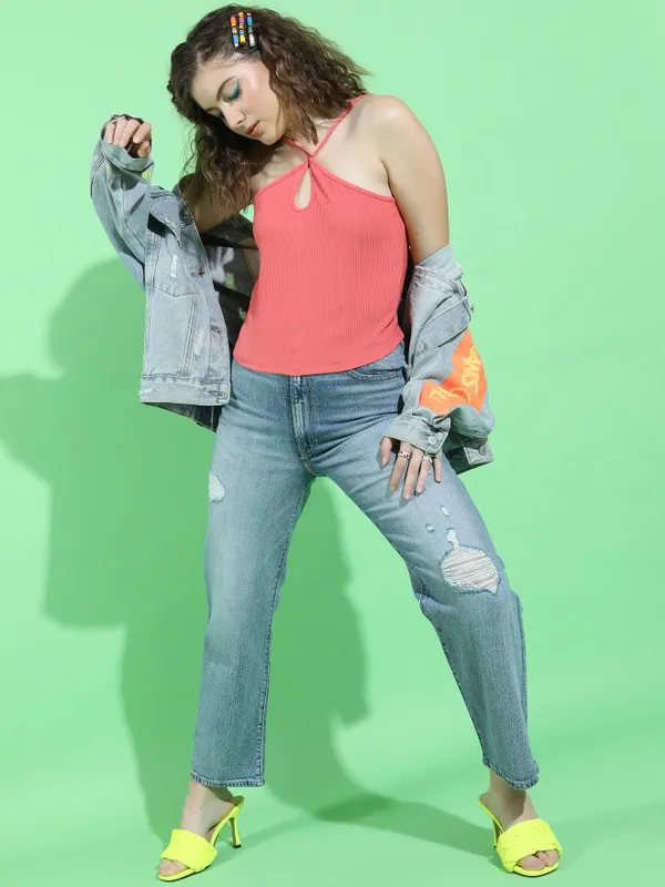  Tokyo Talkies Women Peach Solid Fitted Tops