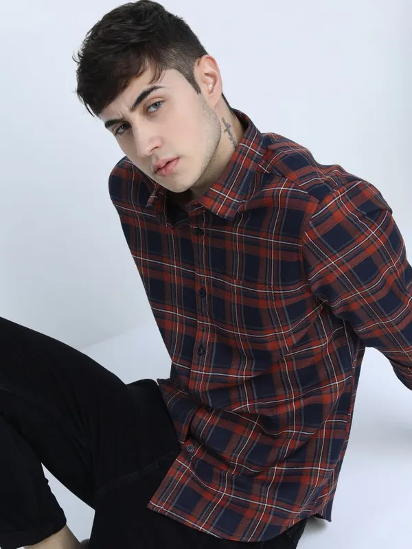  Ketch Men Navy Blue Checked Slim Fit Casual Shirts