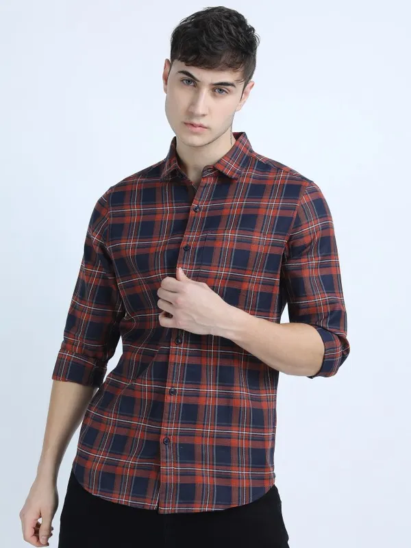  Ketch Men Navy Blue Checked Slim Fit Casual Shirts