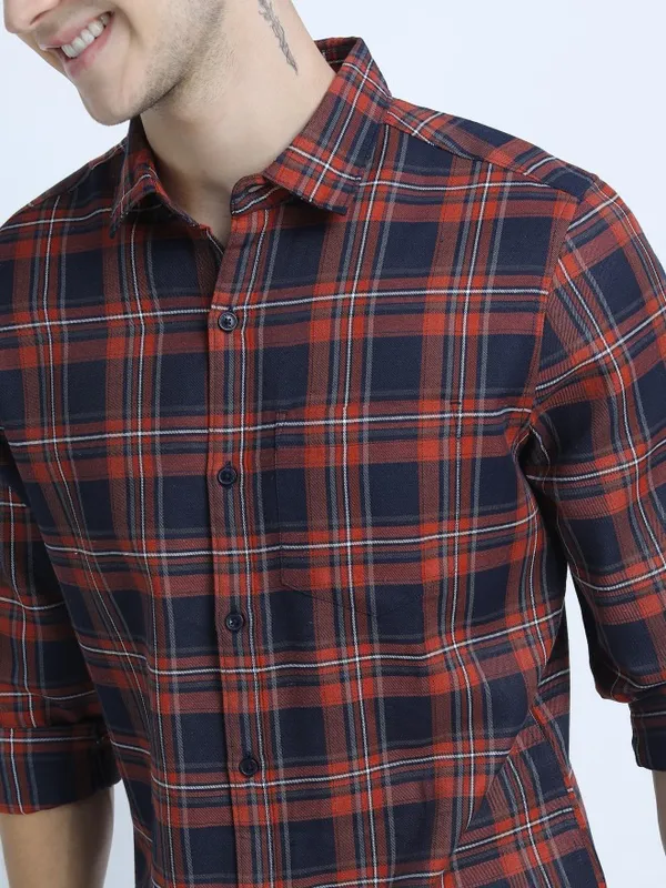  Ketch Men Navy Blue Checked Slim Fit Casual Shirts