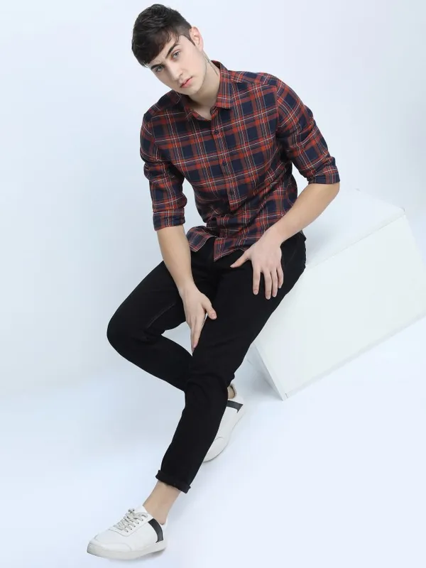  Ketch Men Navy Blue Checked Slim Fit Casual Shirts