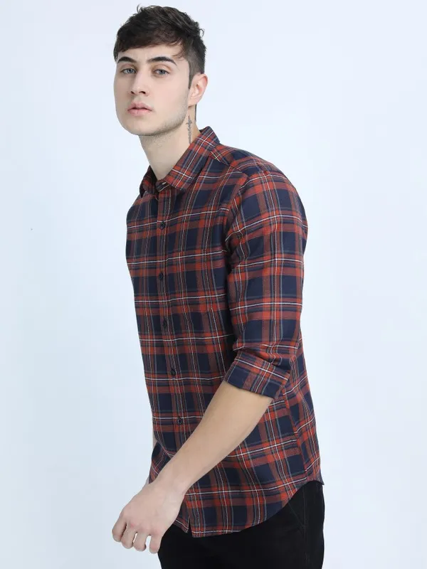  Ketch Men Navy Blue Checked Slim Fit Casual Shirts