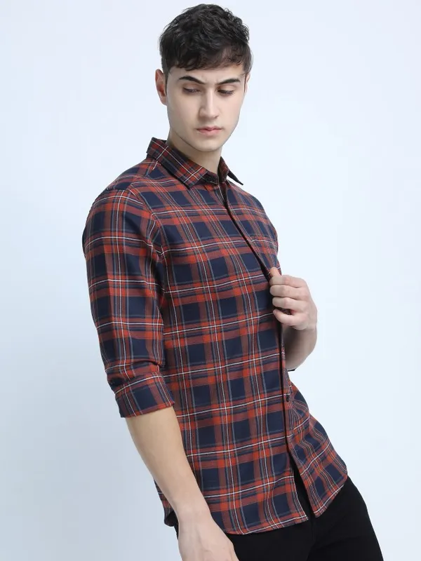  Ketch Men Navy Blue Checked Slim Fit Casual Shirts