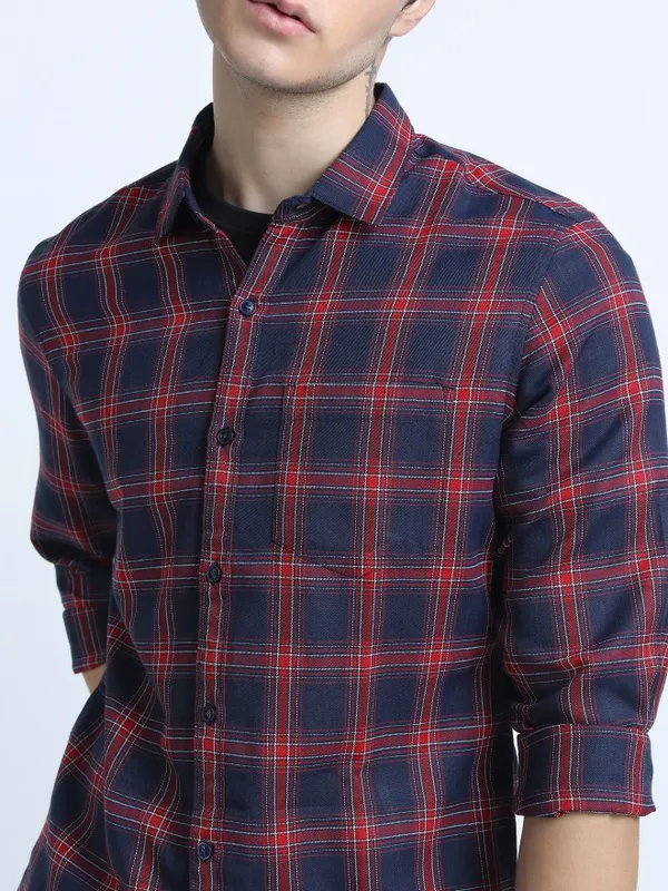  Ketch Men Navy Blue Checked Slim Fit Casual Shirts