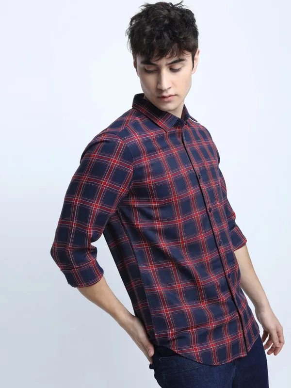 Ketch Men Navy Blue Checked Slim Fit Casual Shirts