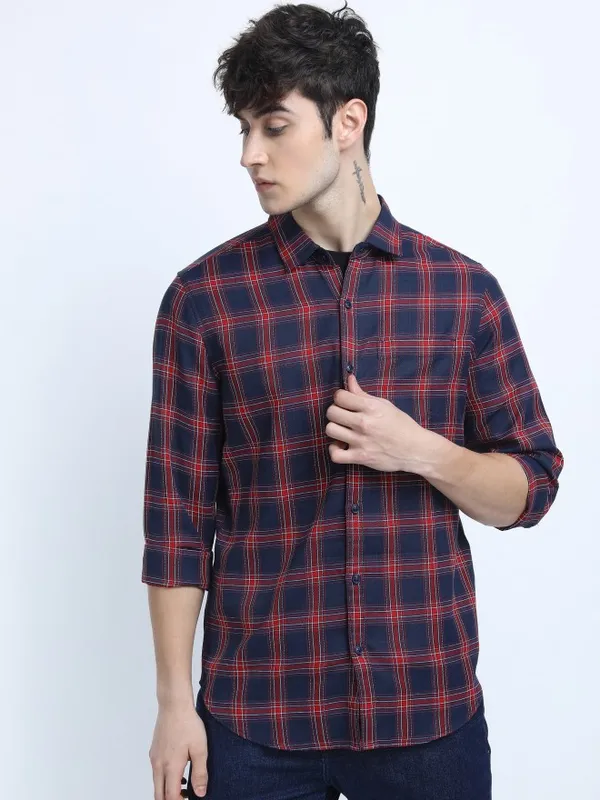  Ketch Men Navy Blue Checked Slim Fit Casual Shirts