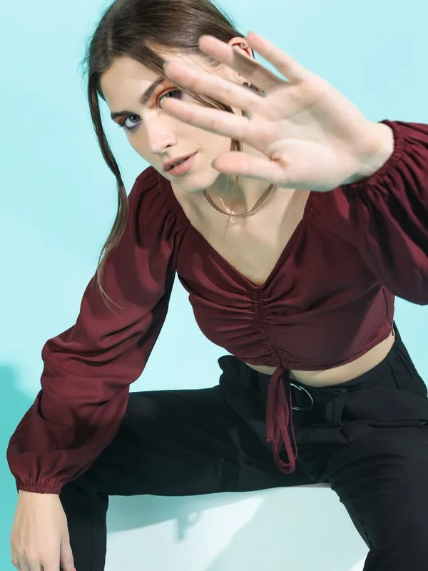  Tokyo Talkies Women Maroon Solid Regular Tops