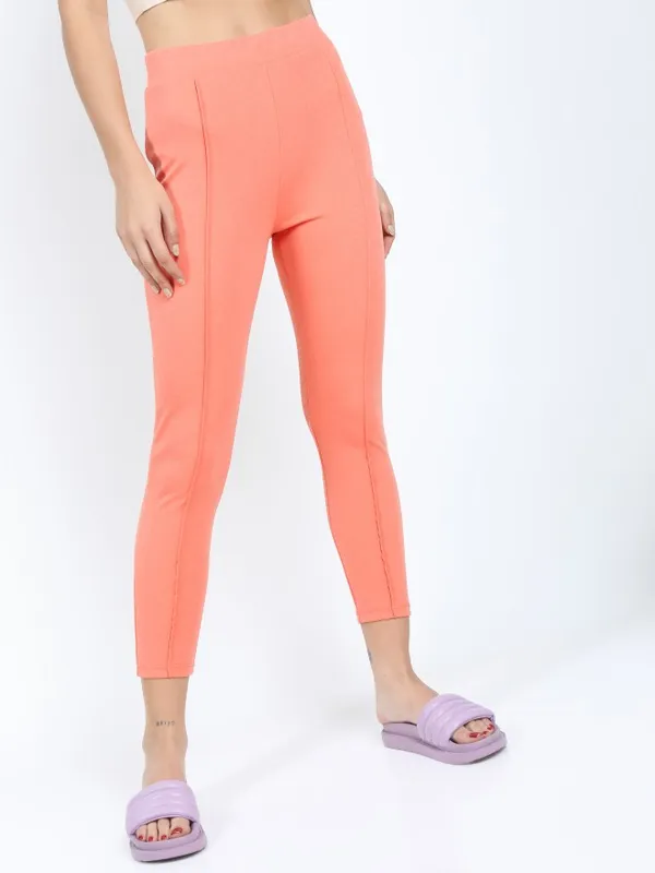  Tokyo Talkies Women Peach Solid Slim Fit Casual Trousers