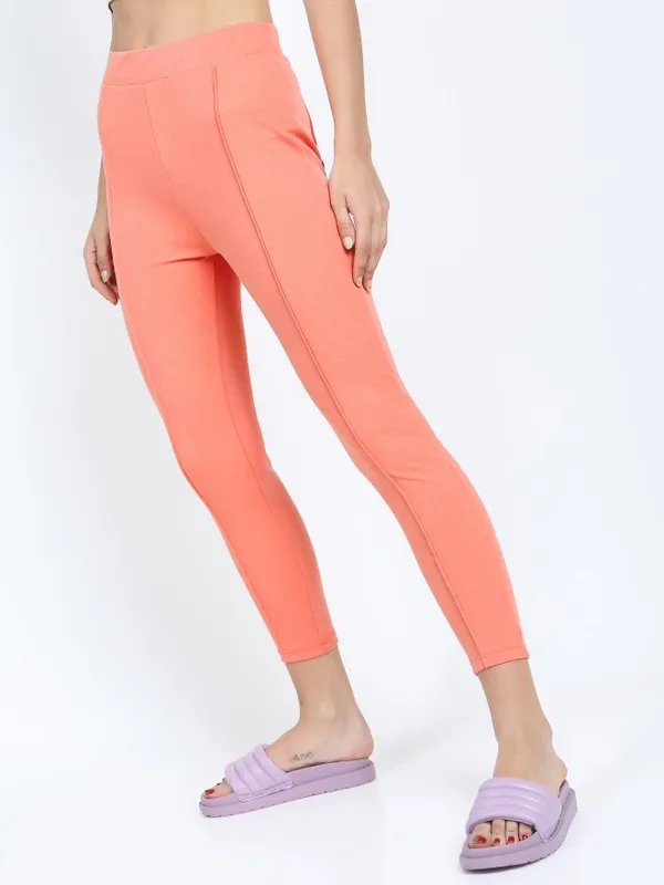  Tokyo Talkies Women Peach Solid Slim Fit Casual Trousers