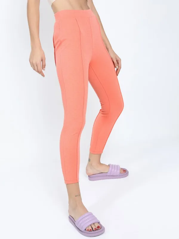  Tokyo Talkies Women Peach Solid Slim Fit Casual Trousers
