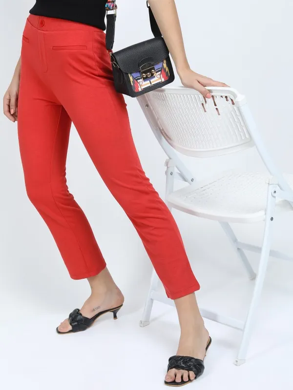  Tokyo Talkies Women Red Solid Slim Fit Casual Trousers