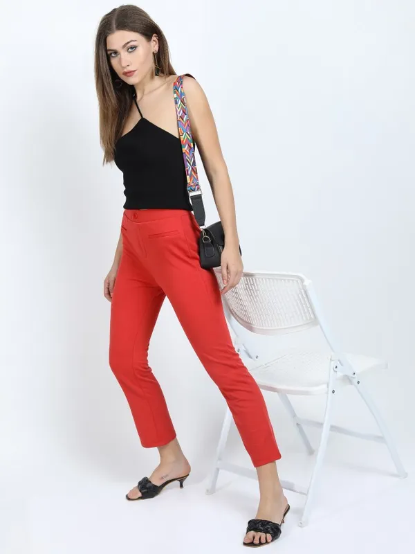  Tokyo Talkies Women Red Solid Slim Fit Casual Trousers