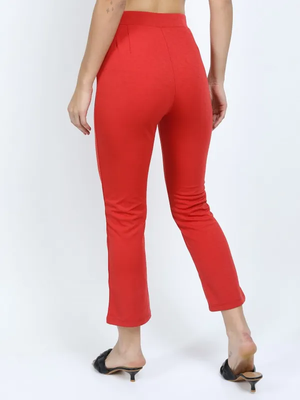  Tokyo Talkies Women Red Solid Slim Fit Casual Trousers
