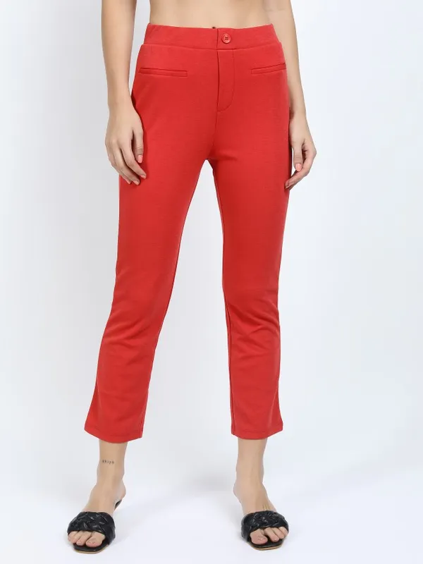  Tokyo Talkies Women Red Solid Slim Fit Casual Trousers