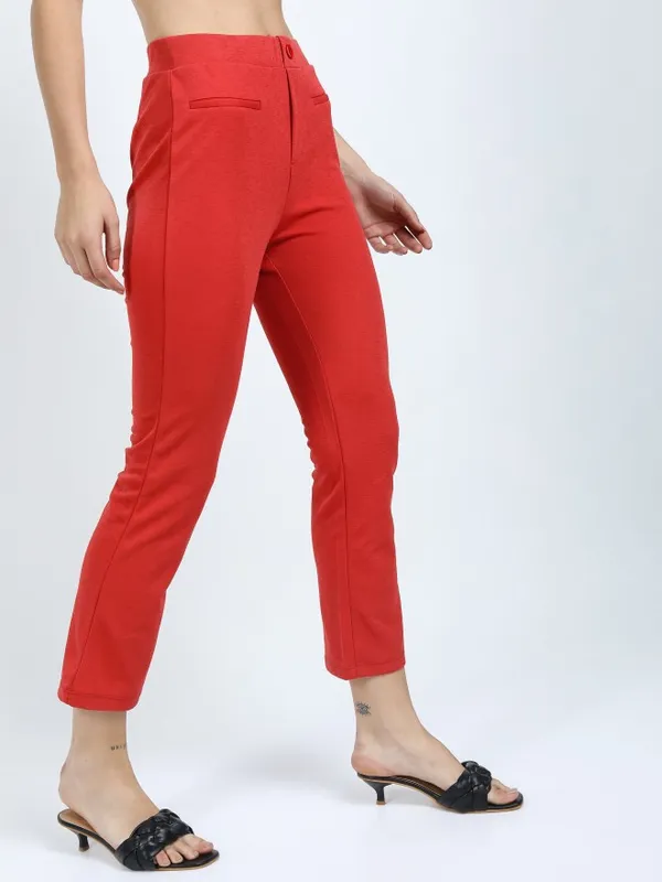  Tokyo Talkies Women Red Solid Slim Fit Casual Trousers