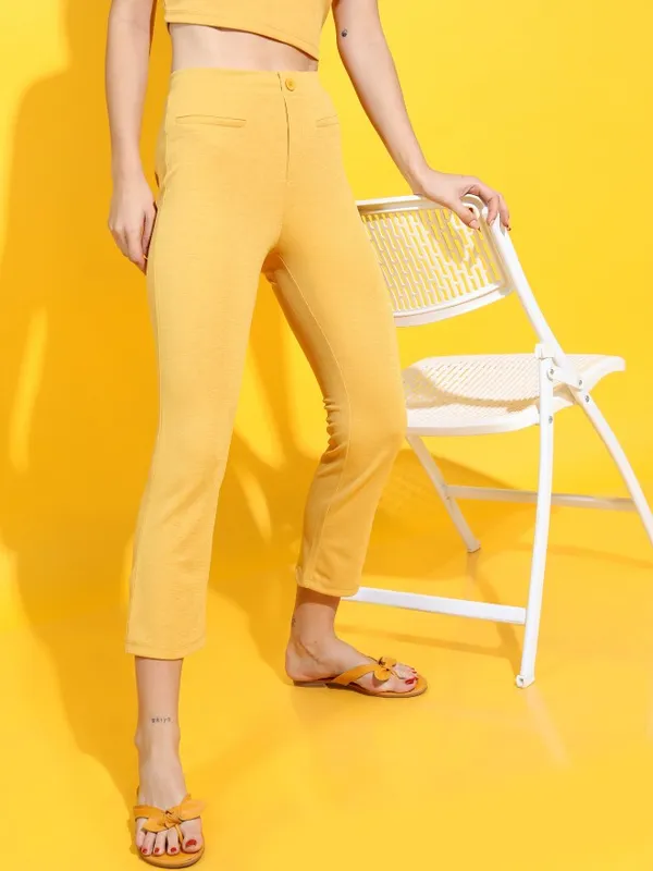  Tokyo Talkies Women Mustard Solid Slim Fit Casual Trousers