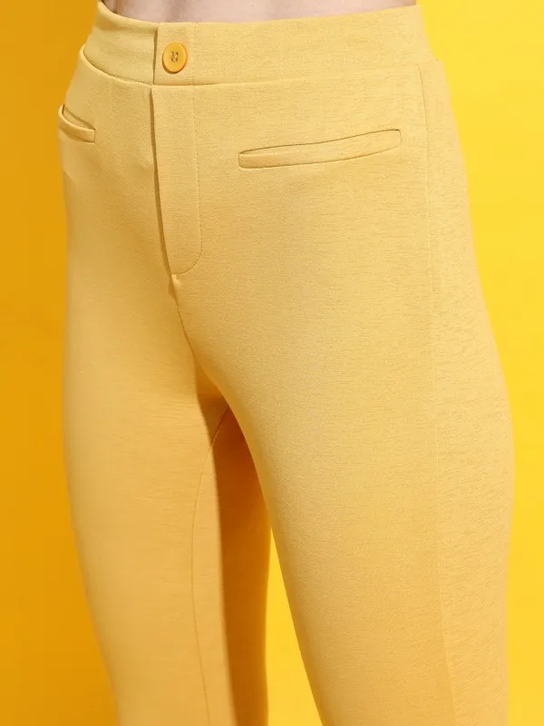  Tokyo Talkies Women Mustard Solid Slim Fit Casual Trousers
