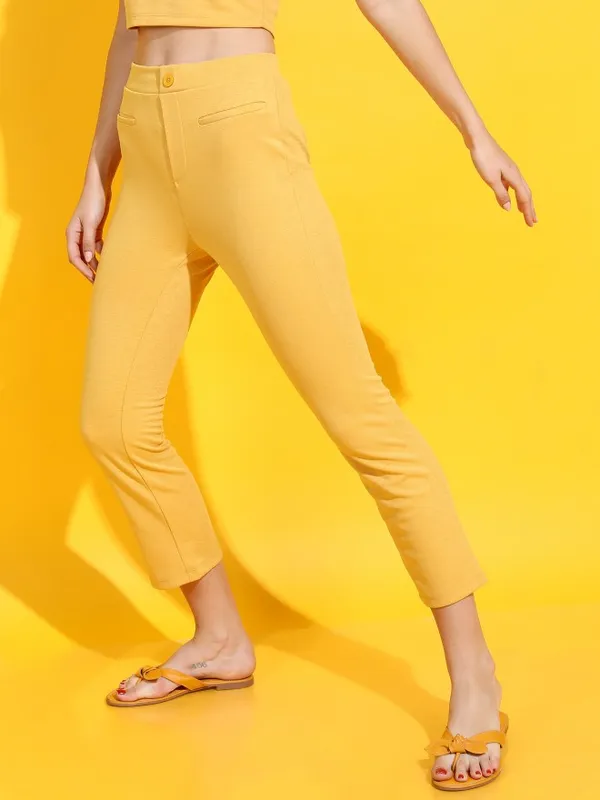  Tokyo Talkies Women Mustard Solid Slim Fit Casual Trousers