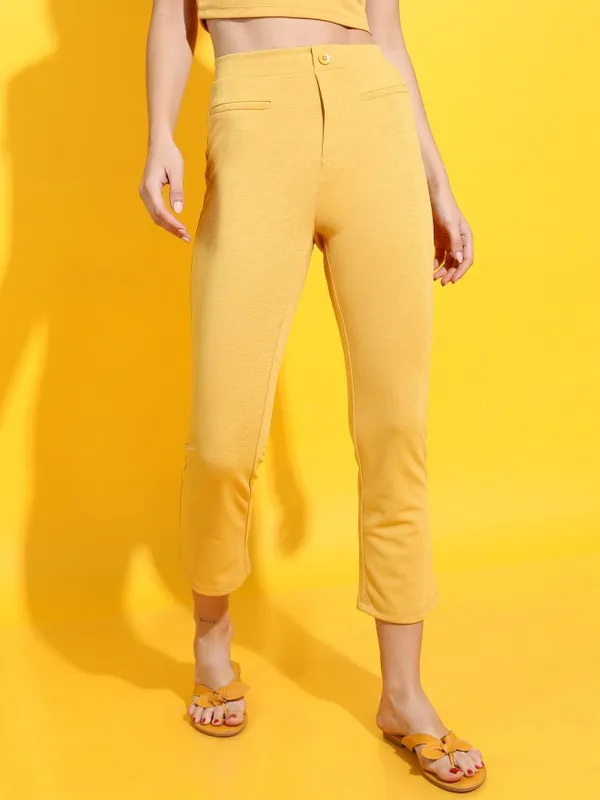  Tokyo Talkies Women Mustard Solid Slim Fit Casual Trousers