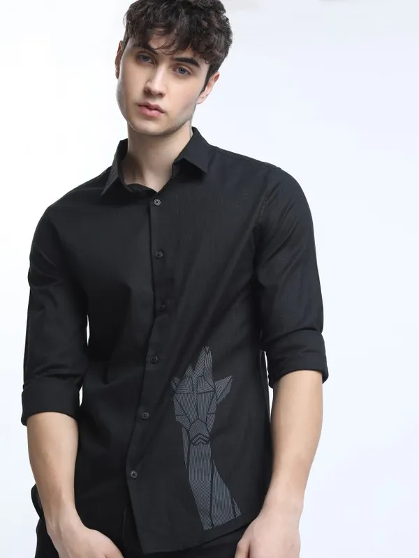  Ketch Men Black Printed Slim Fit Casual Shirts