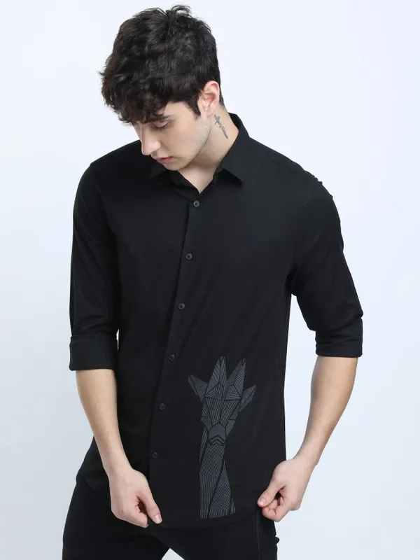  Ketch Men Black Printed Slim Fit Casual Shirts