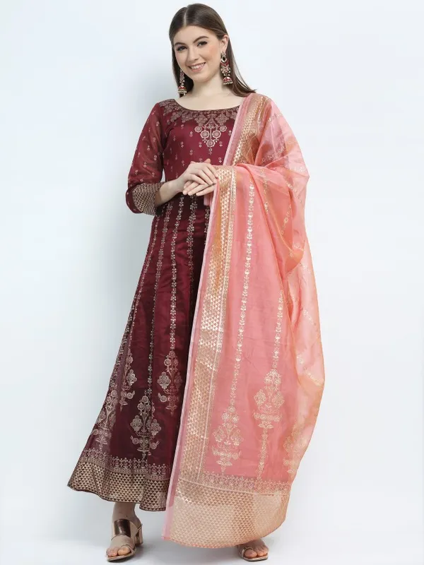  Vishudh Women Maroon Printed A-Line Ethnic Dresses