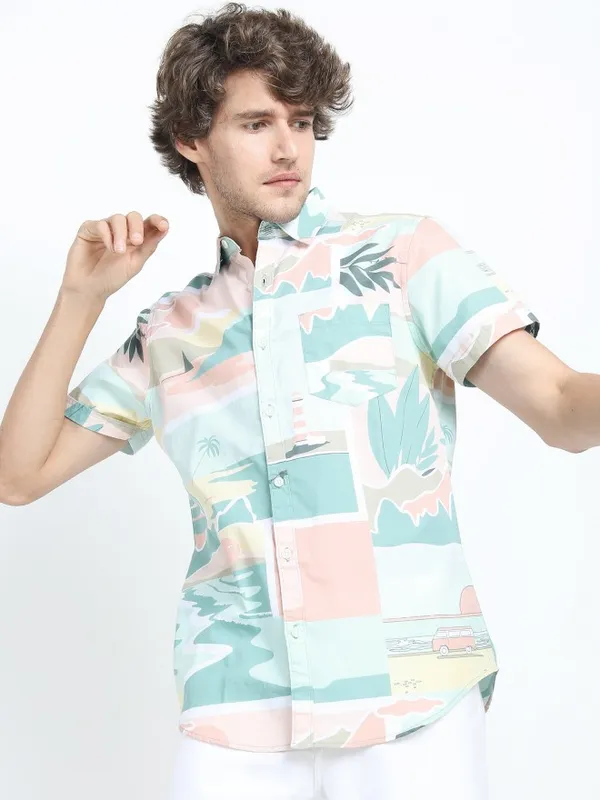  Highlander Men Green Printed Slim Fit Casual Shirts