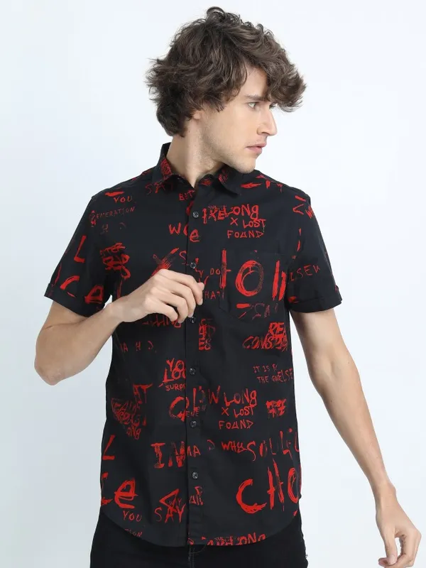  Highlander Men Black Printed Slim Fit Casual Shirts