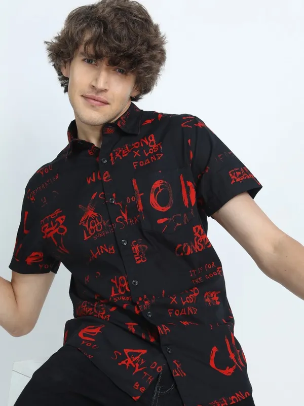  Highlander Men Black Printed Slim Fit Casual Shirts