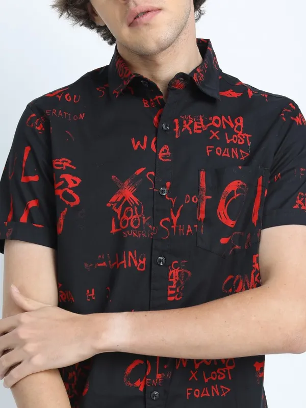  Highlander Men Black Printed Slim Fit Casual Shirts