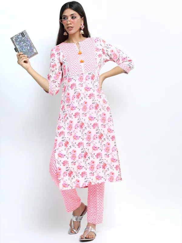 Vishudh Women Off White Floral Printed Straight Kurta with Palazzo & Dupatta