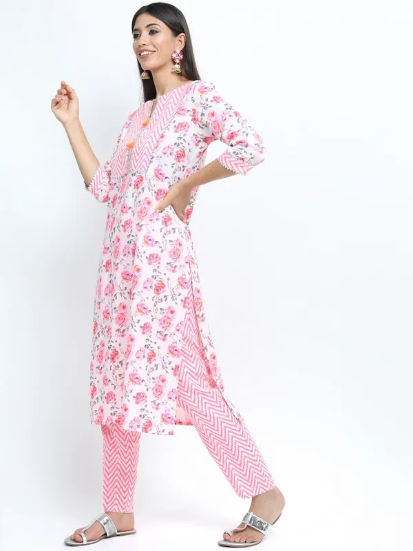 Vishudh Women Off White Floral Printed Straight Kurta with Palazzo & Dupatta