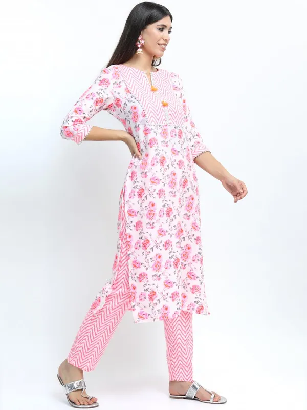 Vishudh Women Off White Floral Printed Straight Kurta with Palazzo & Dupatta