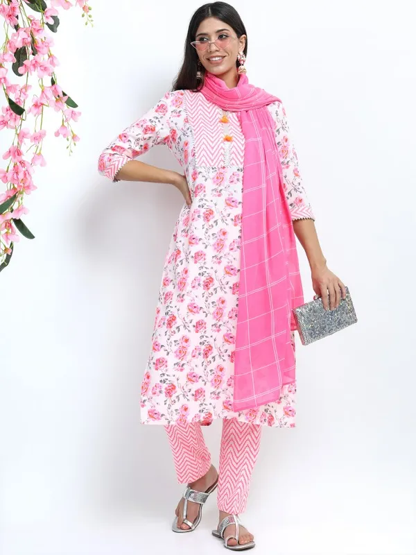 Vishudh Women Off White Floral Printed Straight Kurta with Palazzo & Dupatta