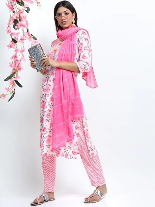 Vishudh Women Off White Floral Printed Straight Kurta with Palazzo & Dupatta